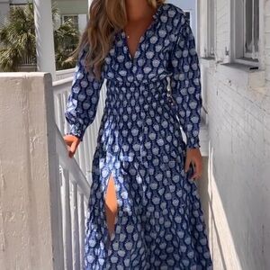 Madison Mathews Women’s L Jacqui Midi Dress in Navy Cotton Silk